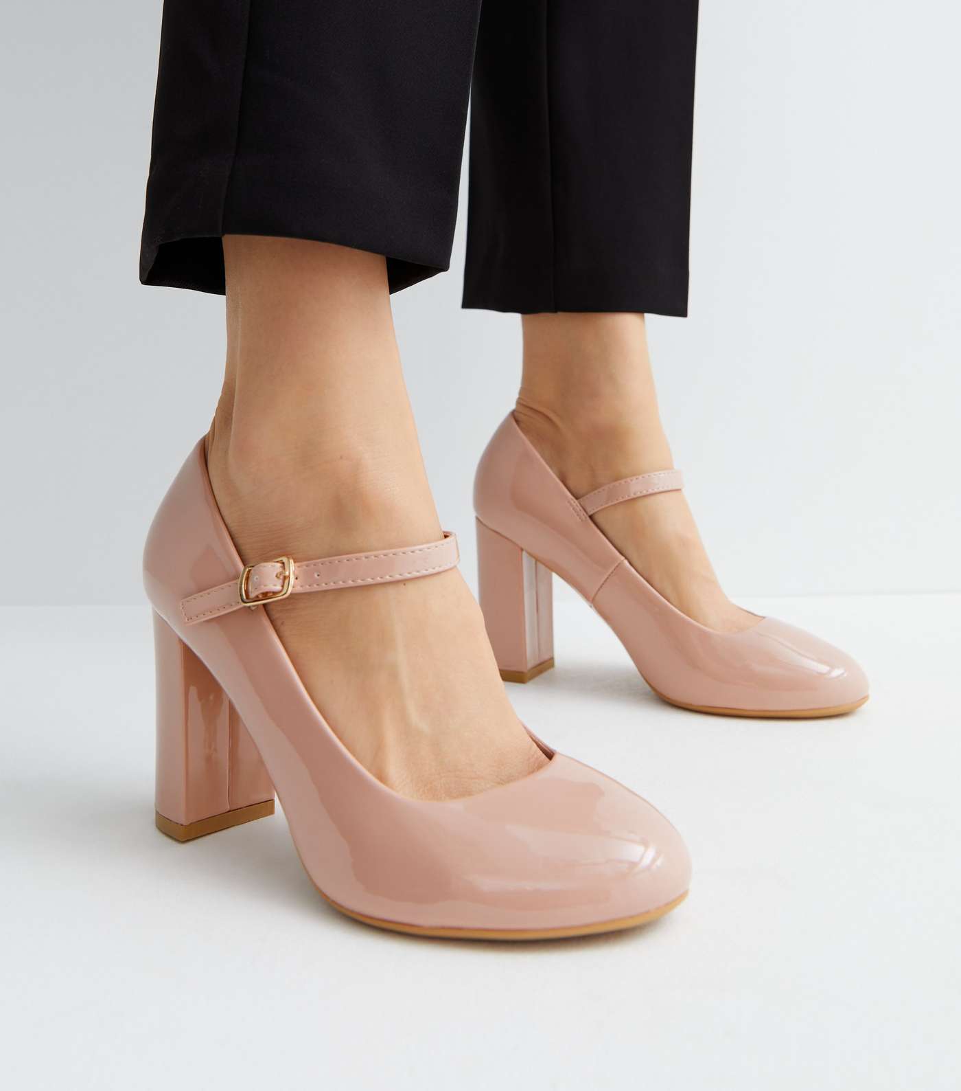 Wide Fit Pale Pink Patent Block Heel Mary Jane Shoes Image 2