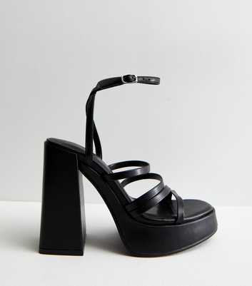 Black Leather-Look Strappy Platform Block Heel Sandals