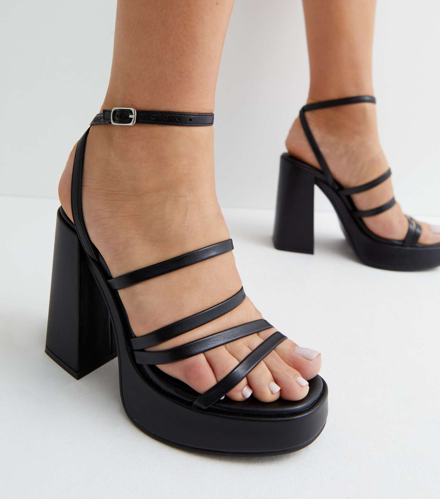 Black Leather-Look Strappy Platform Block Heel Sandals Image 2