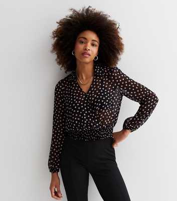 Black Heart Chiffon Shirred Wrap Blouse