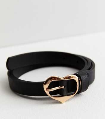 Black Leather-Look Gold Heart Buckle Belt