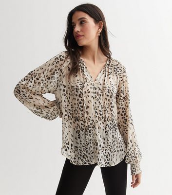 Off White Leopard Print Chiffon Tie Neck Blouse New Look