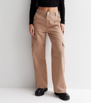 Petite Camel High Waist Wide Leg Cargo Trousers | New Look