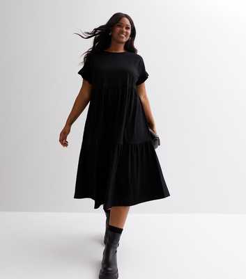 Curves Black Frill Sleeve Midi Smock Dress