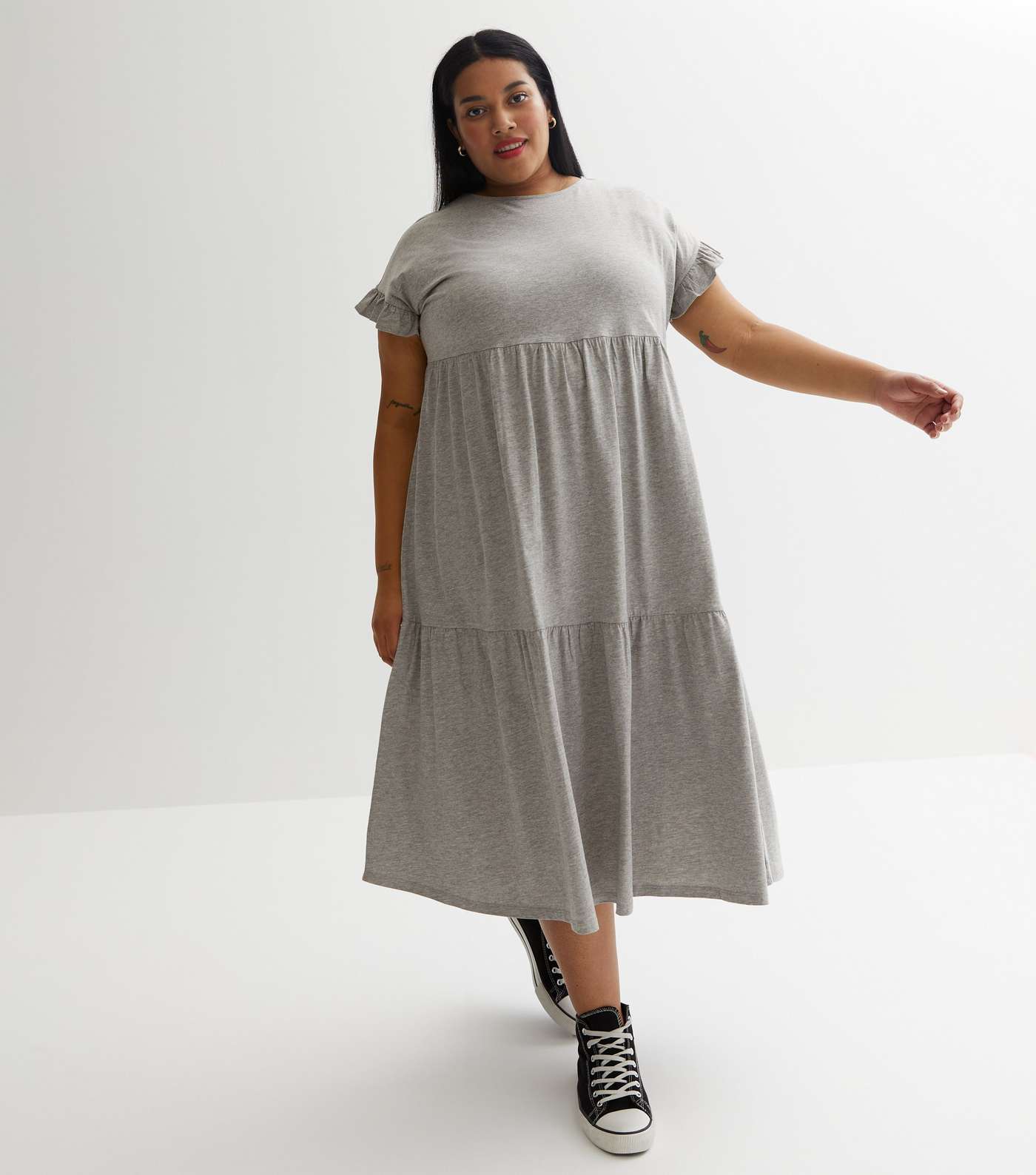 Curves Grey Frill Sleeve Midi Smock Dress Image 2