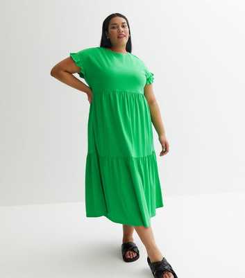 Curves Green Frill Sleeve Midi Smock Dress