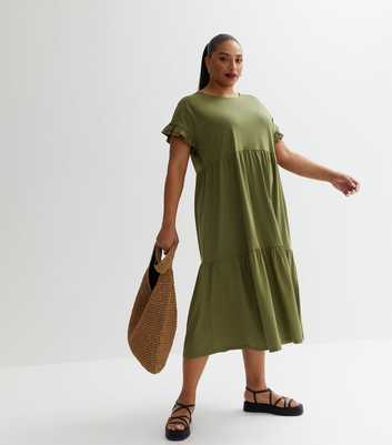 Curves Khaki Frill Sleeve Midi Smock Dress