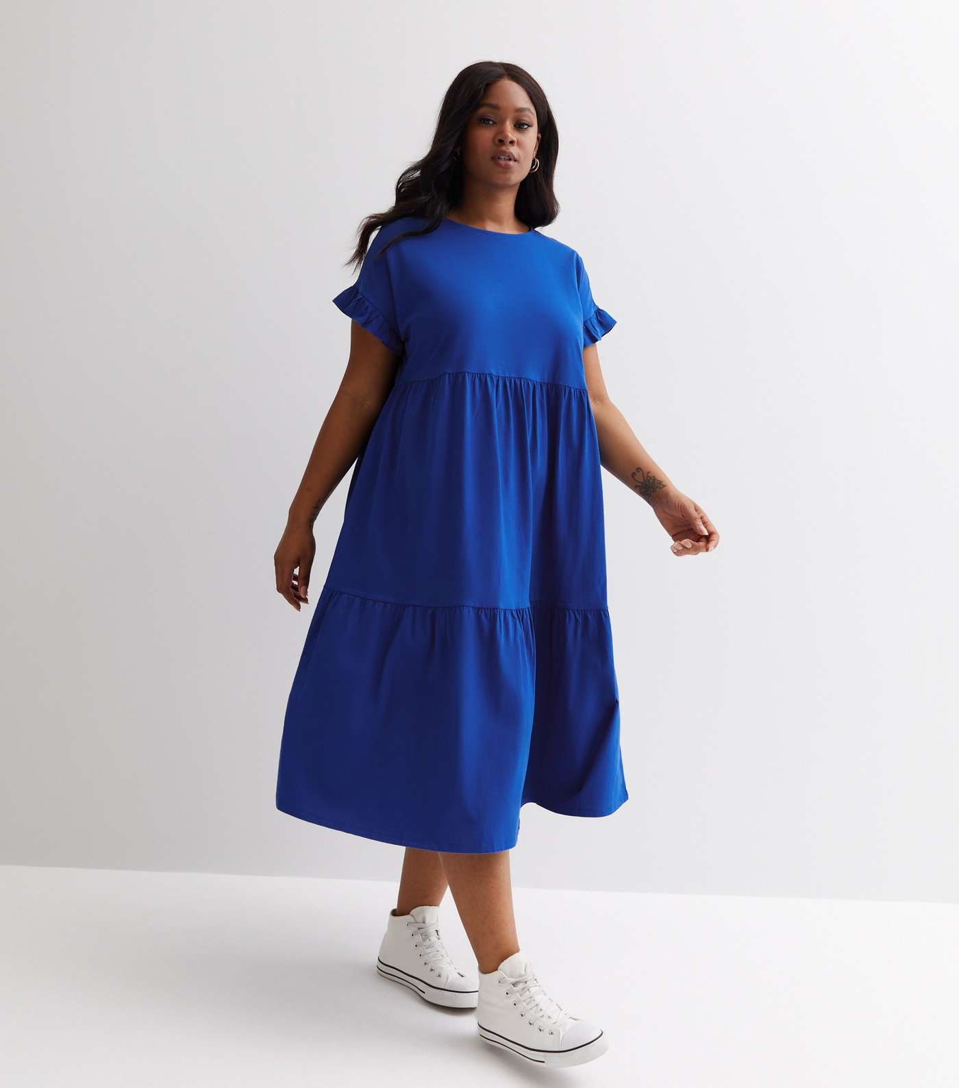 Curves Bright Blue Frill Sleeve Midi Smock Dress Image 2
