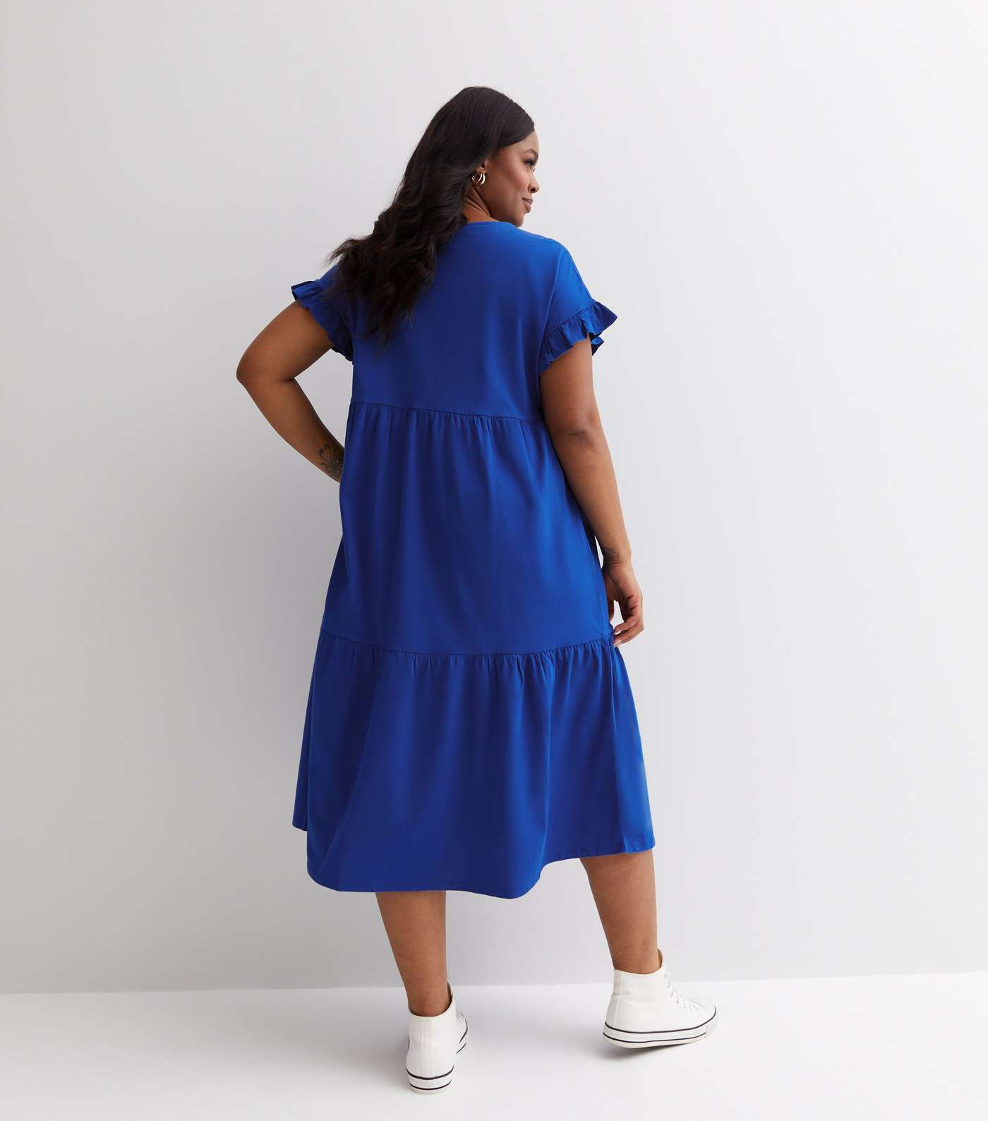 Curves Bright Blue Frill Sleeve Midi Smock Dress Image 4