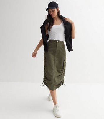 Khaki Denim Ruched Utility Midi Skirt
