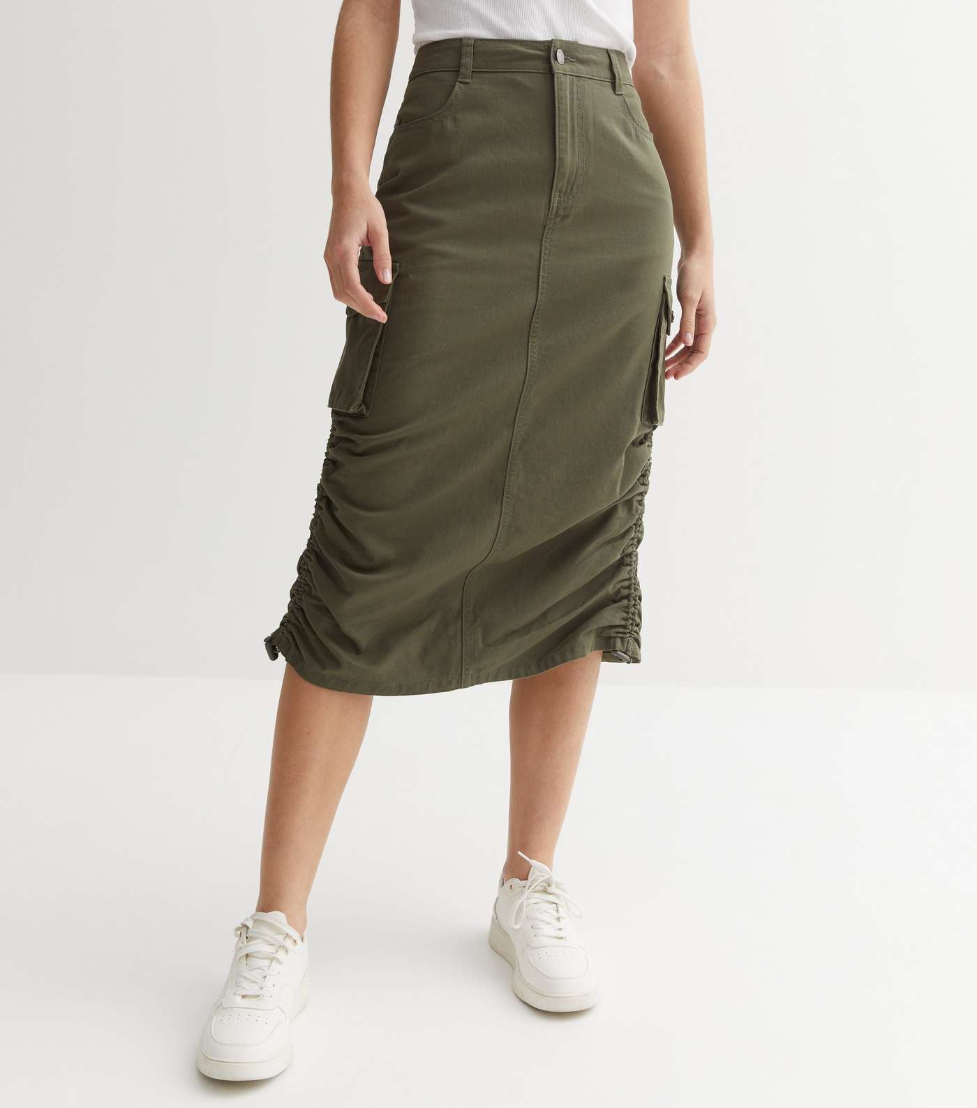 Khaki Denim Ruched Utility Midi Skirt Image 2