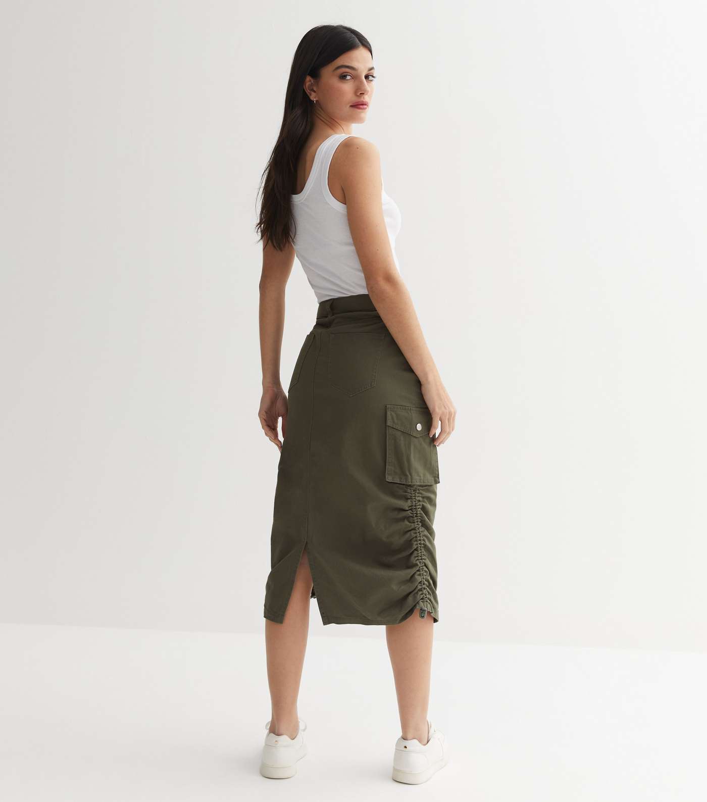 Khaki Denim Ruched Utility Midi Skirt Image 4