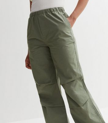 Olive Cotton Elasticated Parachute Trousers New Look