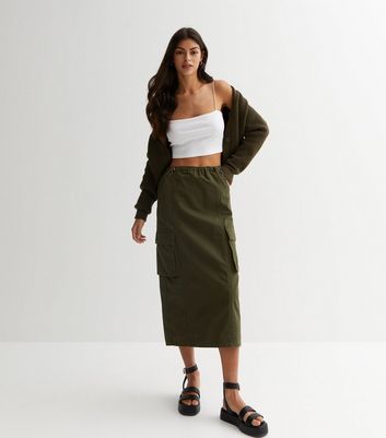 Khaki Twill Ruched Utility Midi Skirt | New Look