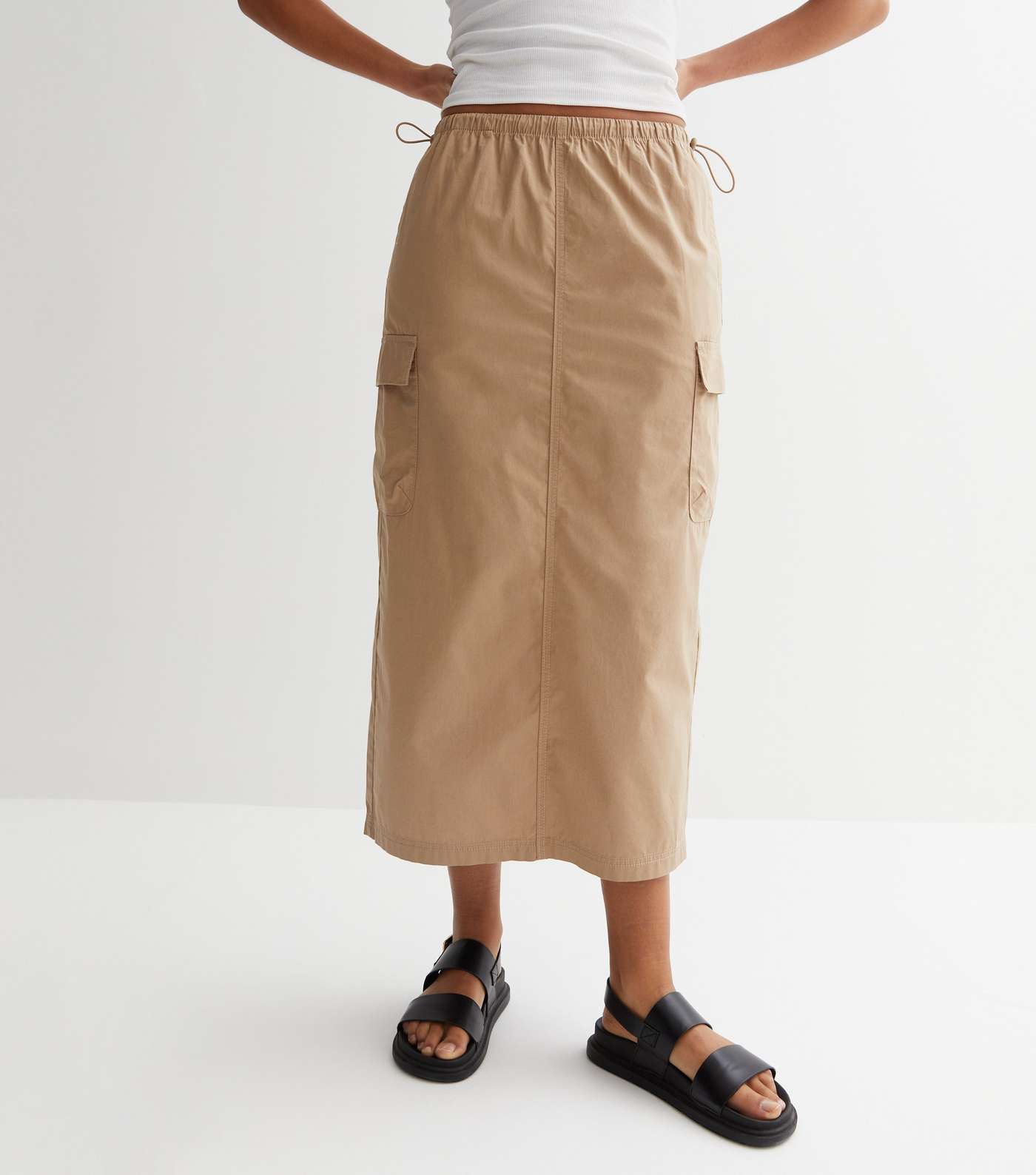 Stone Cotton Cargo Pocket Parachute Midaxi Skirt Image 3