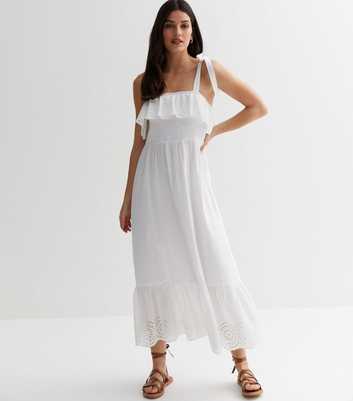 White Broderie Frill Strappy Midi Dress