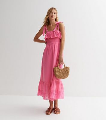 Pink Broderie Frill Strappy Midi Dress New Look