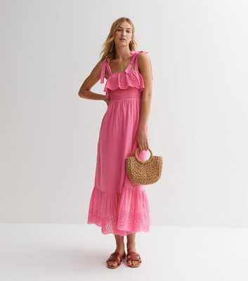 Pink Broderie Frill Strappy Midi Dress