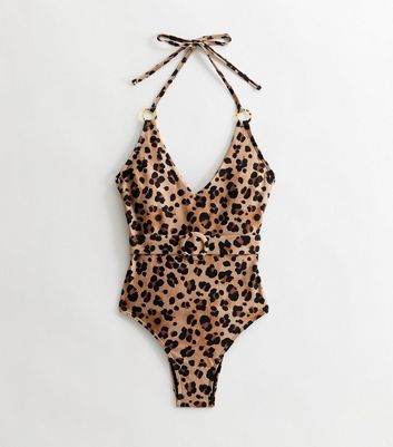 Brown Leopard Print Belted Halter Swimsuit New Look