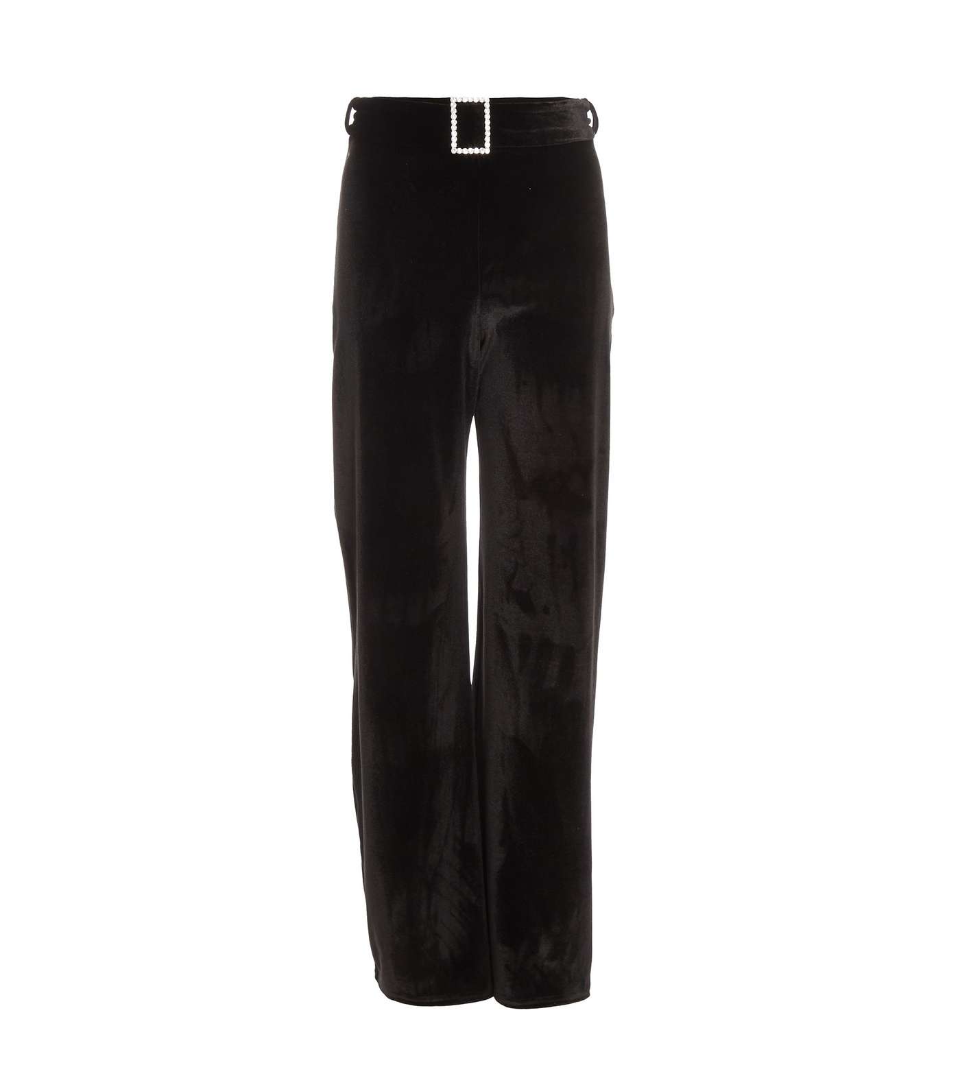 QUIZ Black Velvet Diamanté Buckle Belted Wide Leg Trousers Image 4