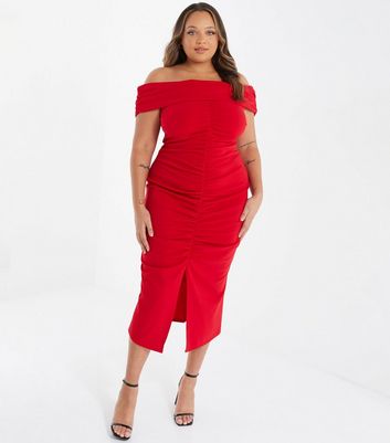 QUIZ Curves Dark Red Bardot Ruched Midi Bodycon Dress