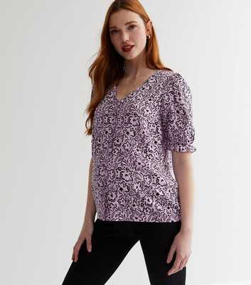 Maternity Purple Floral Doodle Print Puff Sleeve Blouse