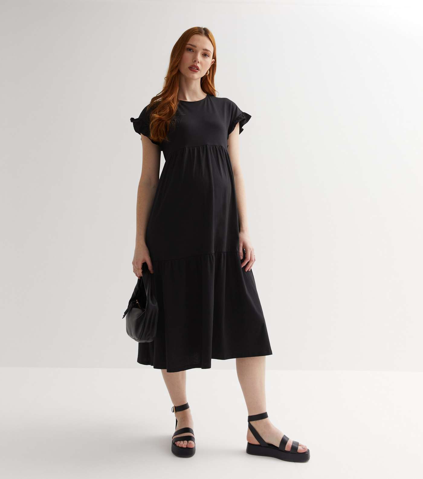 Maternity Black Frill Sleeve Tiered Midi Smock Dress Image 3