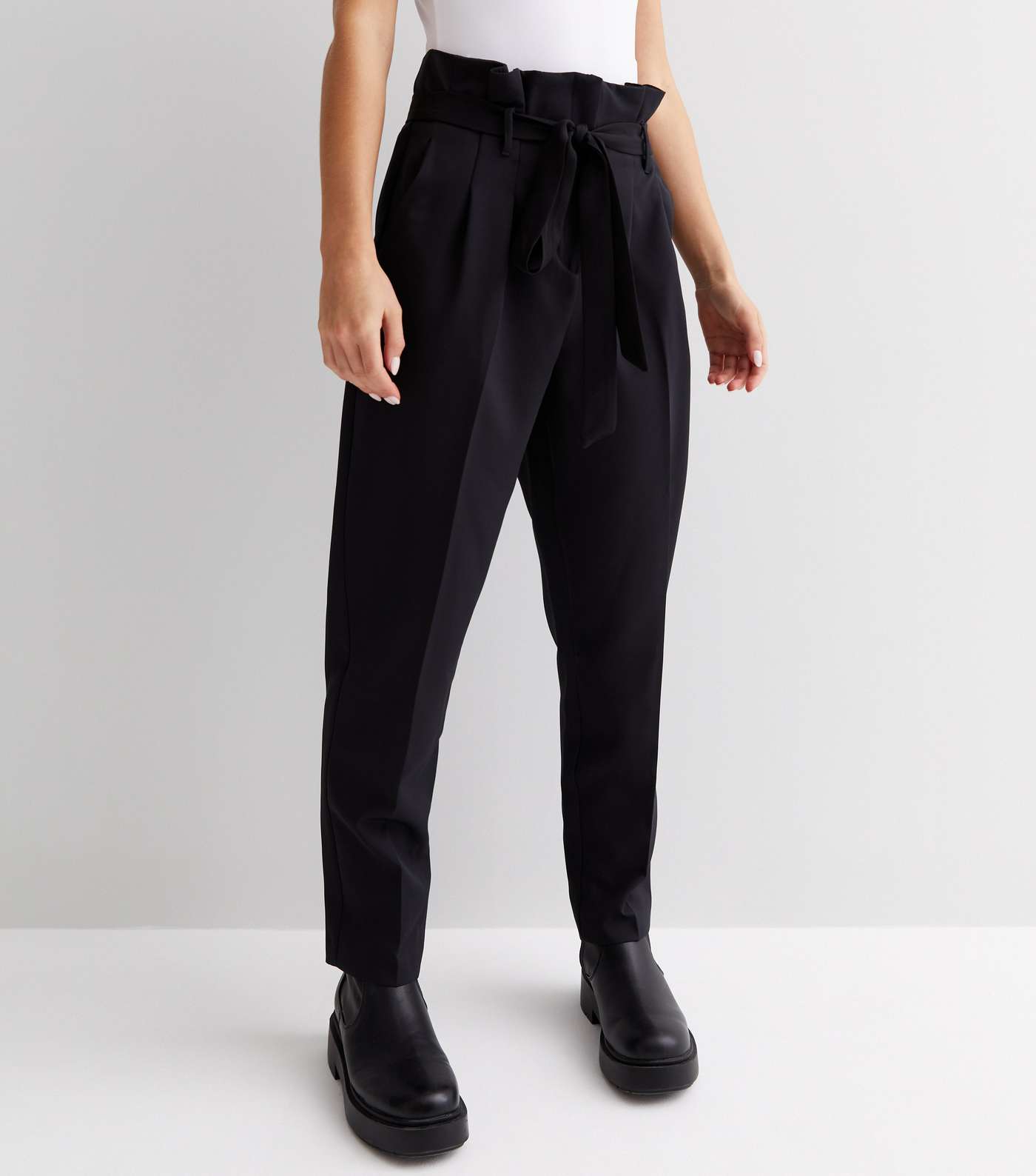 Petite Black Paperbag Trousers | New Look