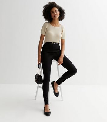 Tall Black Belted Skinny Trousers  New Look