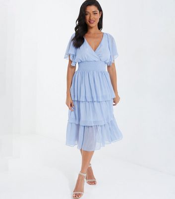 QUIZ Pale Blue Glitter Chiffon Tiered Midi Dress | New Look