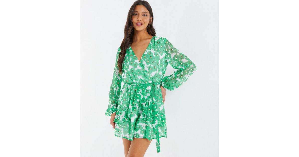 QUIZ Green Floral Tie Waist Jumpsuit New Look