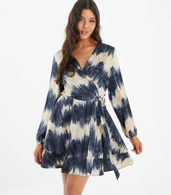 QUIZ Black Tie Dye Satin Mini Wrap Skater Dress