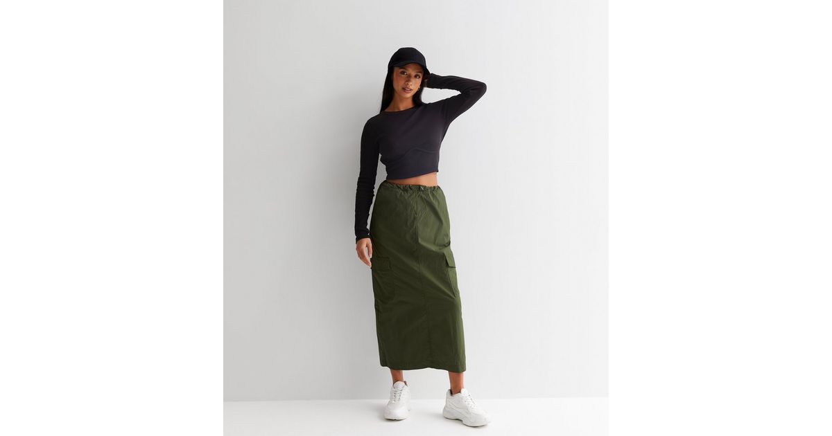 Petite Khaki Parachute Midaxi Skirt | New Look