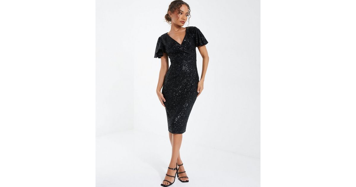 QUIZ Black Sequin V Neck Short Sleeve Midi Wrap Dress | New Look