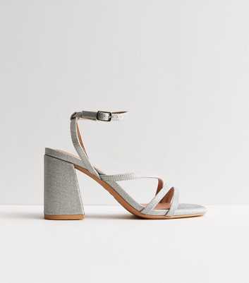 Silver Glitter Strappy Block Heel Sandals