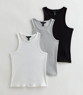 3 Pack Black Grey and White Jersey Racer Vests New Look
