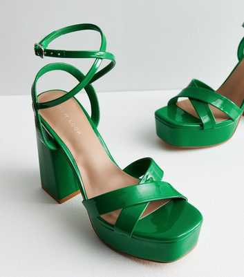 Green Patent Strappy Platform Block Heel Sandals