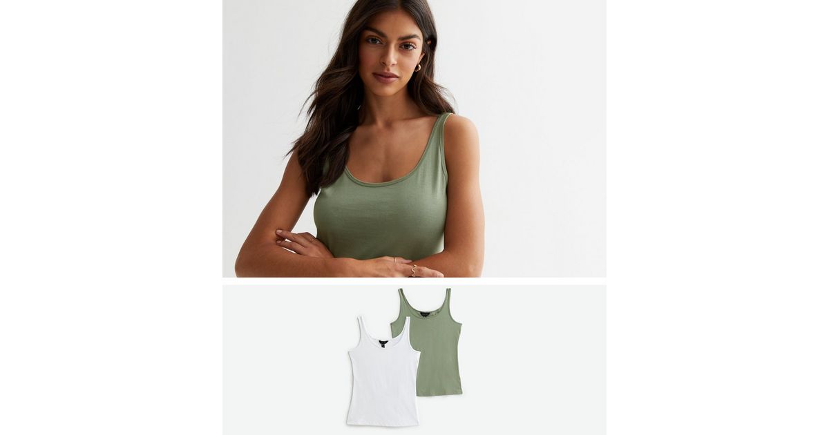 2 Pack White and Green Jersey Vests New Look