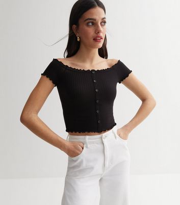 Black Ribbed Jersey Bardot Frill Button Front Crop Top