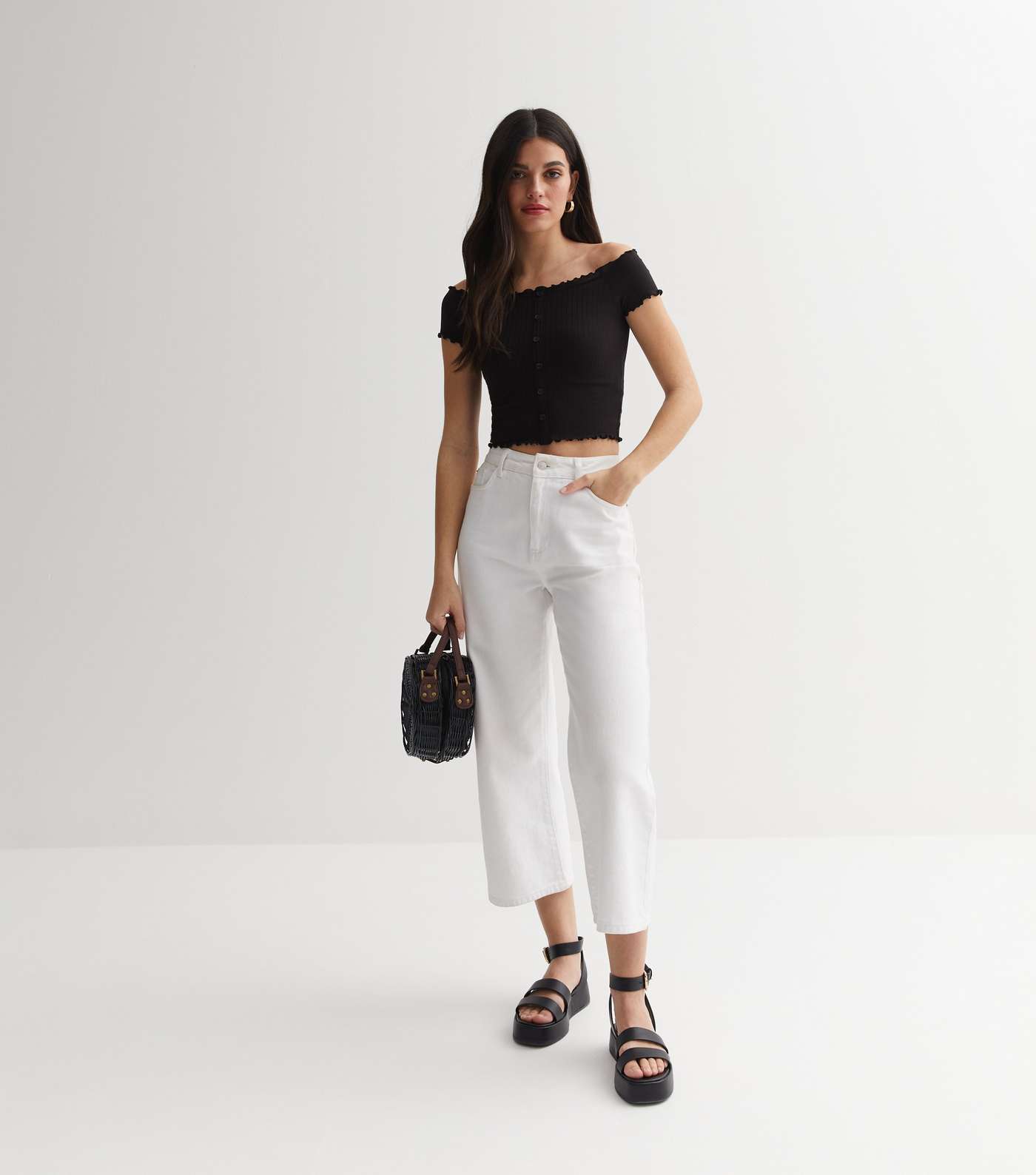 Black Ribbed Jersey Bardot Frill Button Front Crop Top Image 5