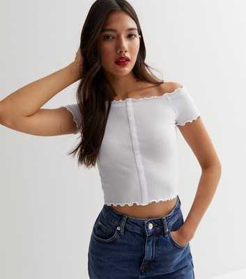 White Ribbed Jersey Bardot Frill Button Front Crop Top