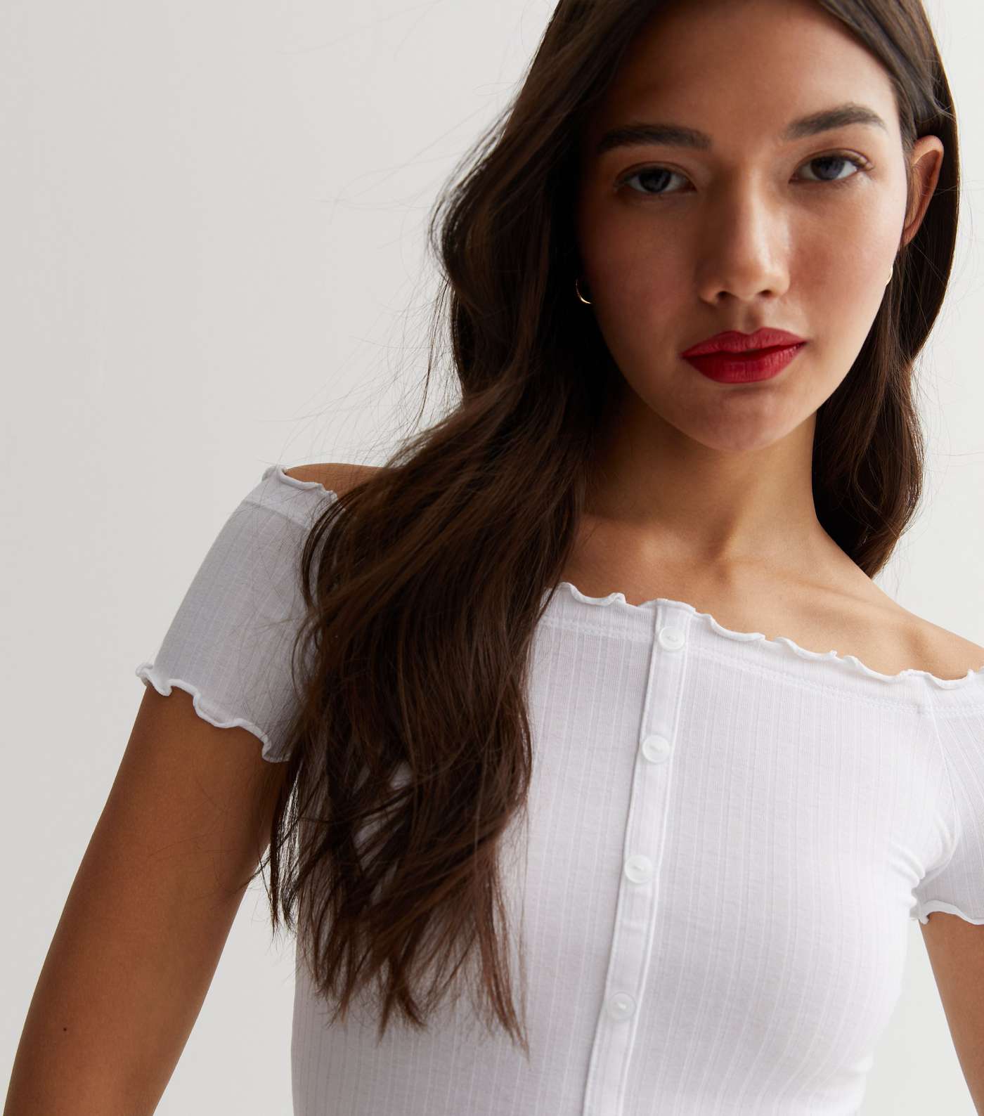 White Ribbed Jersey Bardot Frill Button Front Crop Top Image 2
