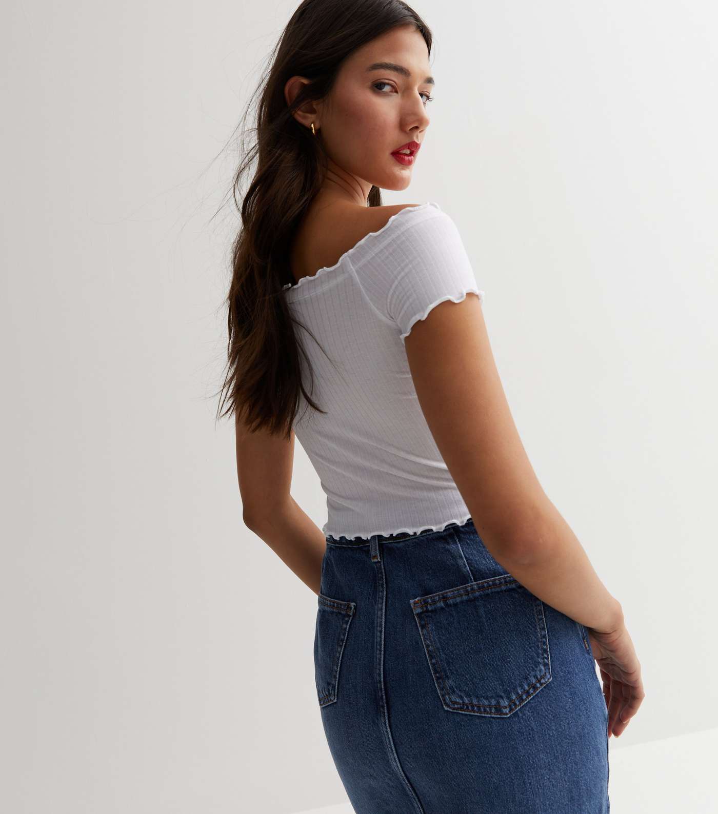 White Ribbed Jersey Bardot Frill Button Front Crop Top Image 4