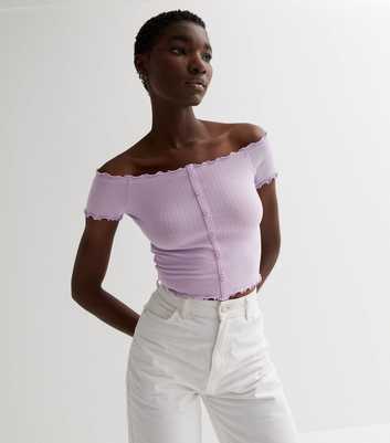 Lilac Ribbed Jersey Frill Button Front Bardot Crop Top