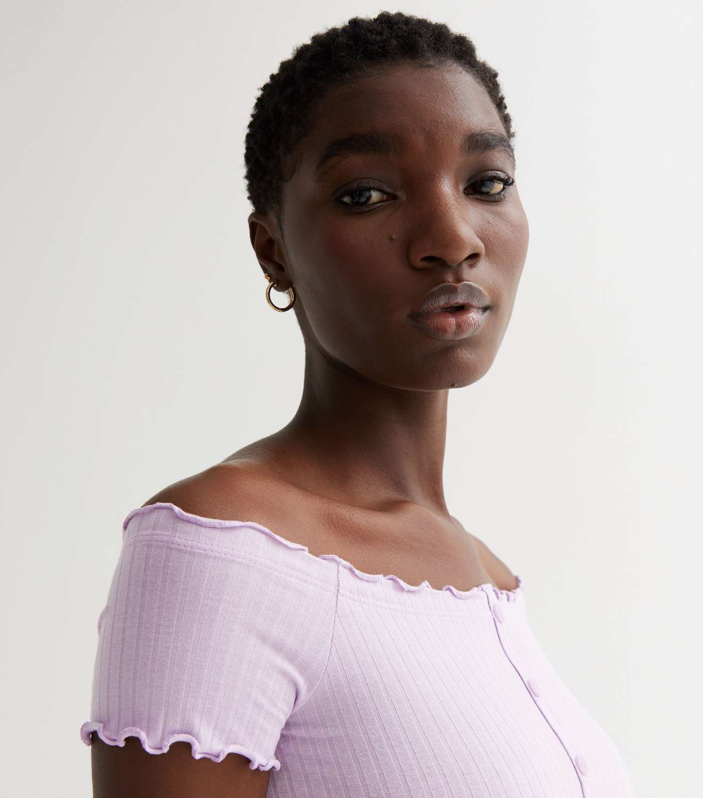 Lilac Ribbed Jersey Frill Button Front Bardot Crop Top Image 2