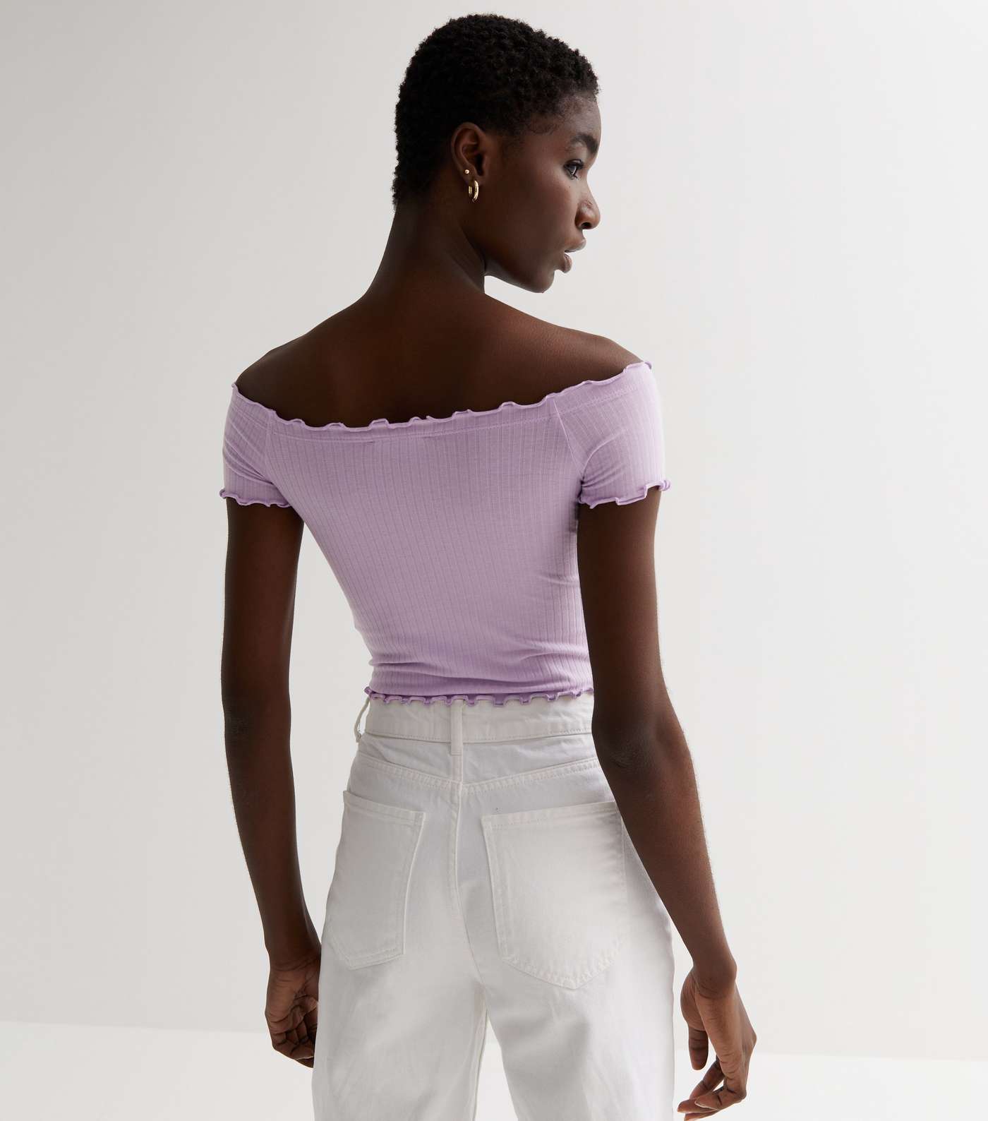Lilac Ribbed Jersey Frill Button Front Bardot Crop Top Image 4