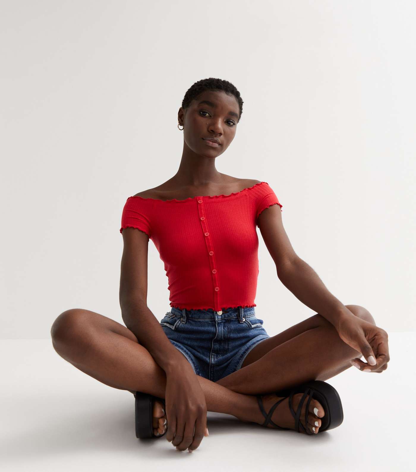 Red Ribbed Jersey Frill Button Front Bardot Crop Top Image 3