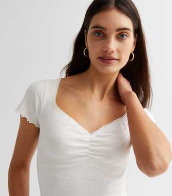 Off White Ribbed Sweetheart Frill Sleeve T-Shirt
