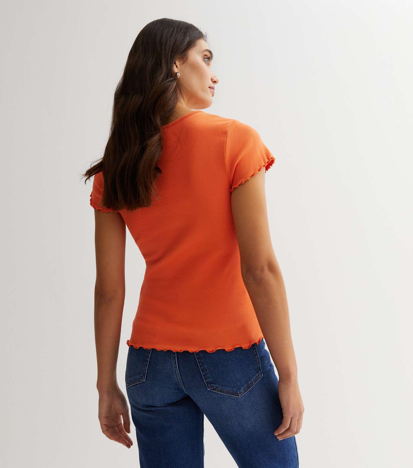 Bright Orange Ribbed Frill Hem T-Shirt Image 4