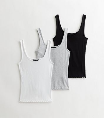 3 Pack Light Grey White and Black Frill Scoop Neck Vests New Look